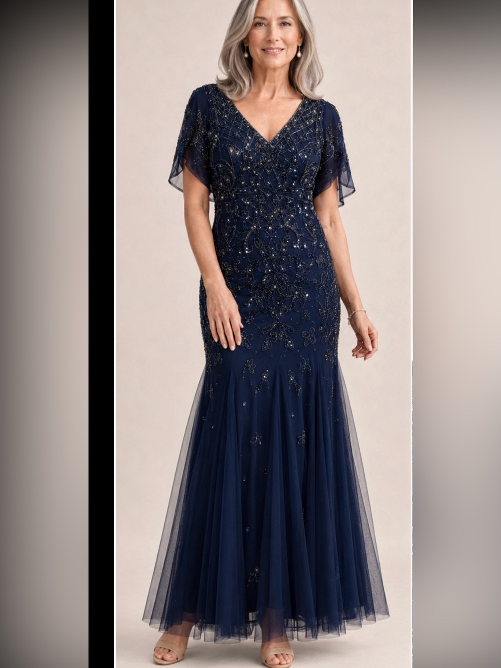 NWT Adrianna Papell Beaded Embellished Light Navy Cape  Sleeve Gown $349 Sz 8